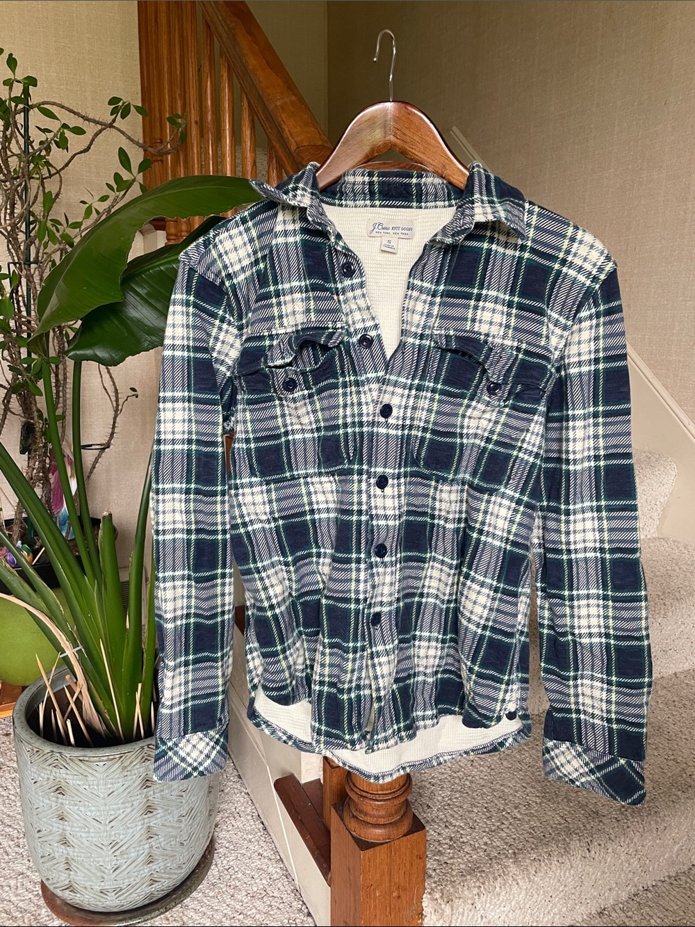 J. Crew Knit Goods Navy, White & Green Plaid Button-Down Shirt Shacket